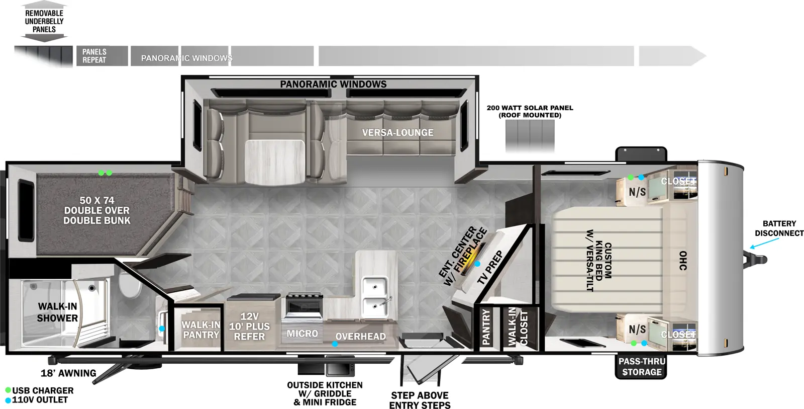 The 26DBUD has two entries and one slideout. Exterior features front pass-through storage, battery disconnect, outside kitchen with griddle and mini refrigerator, StepAbove main entry steps, 18 foot awning, removable underbelly panels, and 200 watt roof-mounted solar panels. Interior layout front to back: foot-facing queen bed with overhead cabinet and closet with night stand on each side, and door side walk-in closet; angled entertainment center with fireplace and TV prep along angled inner wall with pantry and entry door; off-door side slideout with versa lounge and panoramic windows; peninsula kitchen counter with sink wraps to door side with overhead cabinet, microwave, cooktop, refrigerator, and walk-in pantry; rear off-door side double over double bunk beds; rear door side full bathroom with walk-in shower and second entry.